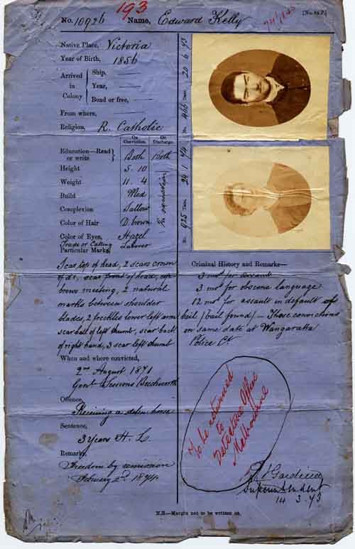 Ned Kelly's Prison Record, Courtesy of the Public Records Office of Victoria Ned Kelly's Prison Record, Courtesy of the Public Records Office of Victoria